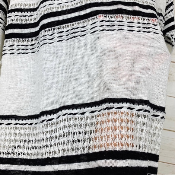 August Silk Black White Striped V Neck Fringe Semi Sheer Pullover Sweater Medium - Picture 9 of 15